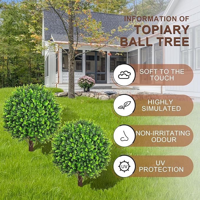 22" Artificial Green Eucalyptus Topiary Ball Trees with Ground Spike Set of 2 - UV Resistant Faux Evergreen Shrubs & Bushes Plants for Outdoor Indoor Front Porch Garden