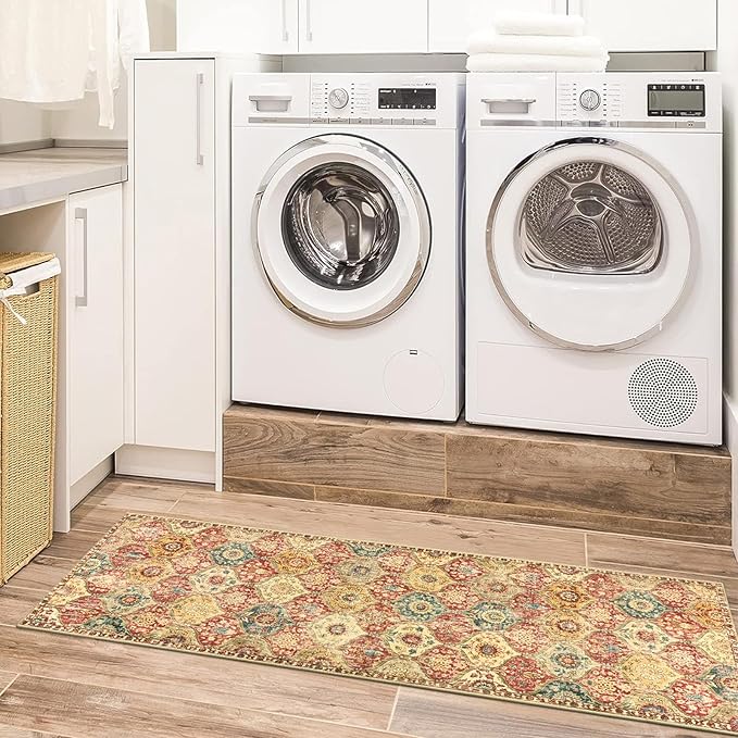 Lahome Moroccan Trellis Washable Runner Rug, 2x6 Kitchen Runners for Hallways 6 Feet Non Slip, Vintage Laundry Room Rug Ultra-Thin Long Carpet for Bathroom Bedroom Entryway, Red/Orange