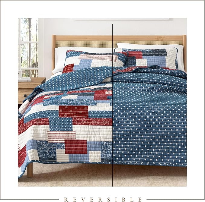 Great Bay Home 3-Piece Full/Queen Microfiber Quilt Set with Shams - Americana Patchwork Reversible Design - Lightweight, All-Season, Layerable Bedding Set