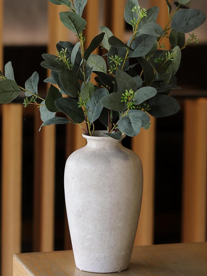 Luxury Large White Ceramic Tall Vase (11.2”) with 35.5” Faux Eucalyptus – Handmade Elegant Table Centerpiece for Rustic & Modern Decor – Gift Box Included