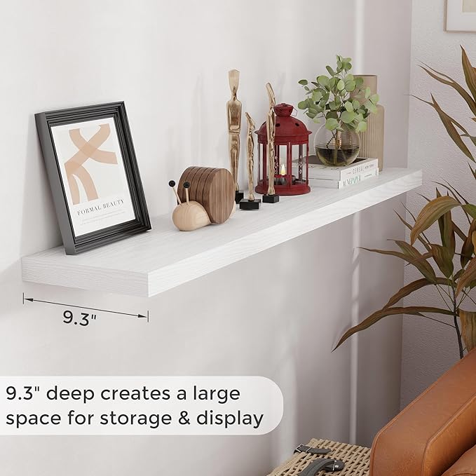 55 Inch Floating Shelves White, Rustic Wood Floating Shelf Wall Mounted, 9.3 Inch Deep Floating Shelf for Kitchen, Bedroom, 55 x 9.3 Wall Shelves for Home Storage, Set of 1