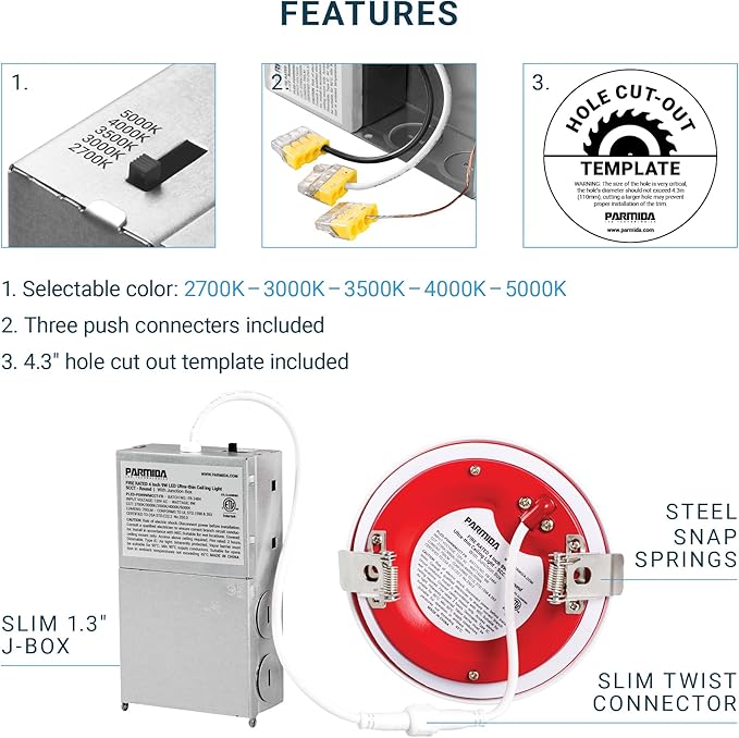 PARMIDA (6 Pack) 4 Inch 2HR Fire Rated LED Recessed Light, ETL, 5 Color Selectable 2700/3000/3500/4000/5000K, 9W Dimmable Ultrathin Canless Wafer Slim Panel Downlight, Wet/IC Rated, No Tenmat Needed