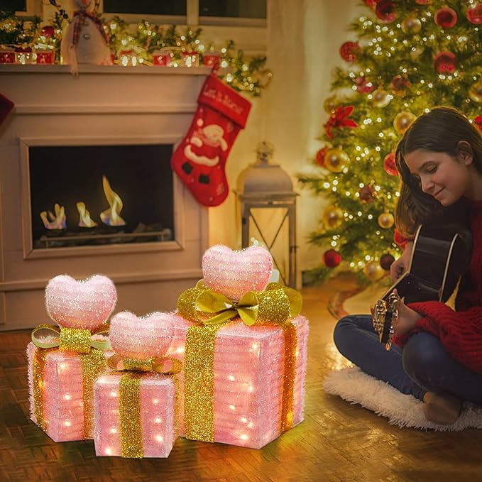 Wedding Decorations Light up Gift Boxes with Pink Heart, Light up Xmas Boxes with Battery Operated for Wedding Christmas Valentine's Day Decorations Indoor and Outdoor (3 Pack) (Pink Heart)