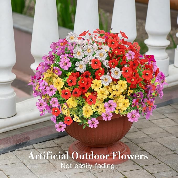 24 Bundles Artificial Flowers for Outdoors Decorations, Fake Flowers Artificial Plants Outdoor, Colorful Daisy Eucalyptus Realistic UV Resistant for Garden Patio Porch Home Decor