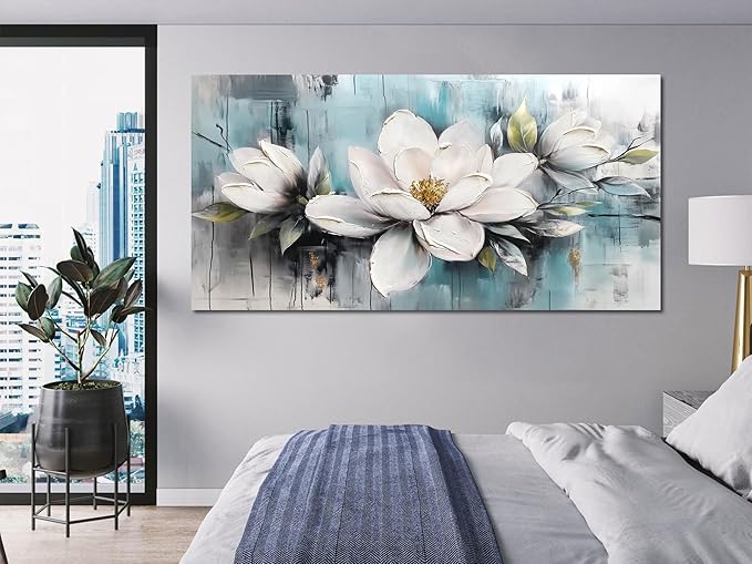 Ardemy Flower Wall Art for Living Room White Floral Canvas Bedroom Painting Magnolia Wildflower Picture Teal Grey Artwork Framed Home Office Dining Room Wall Decor, Extra Large 58"x29"