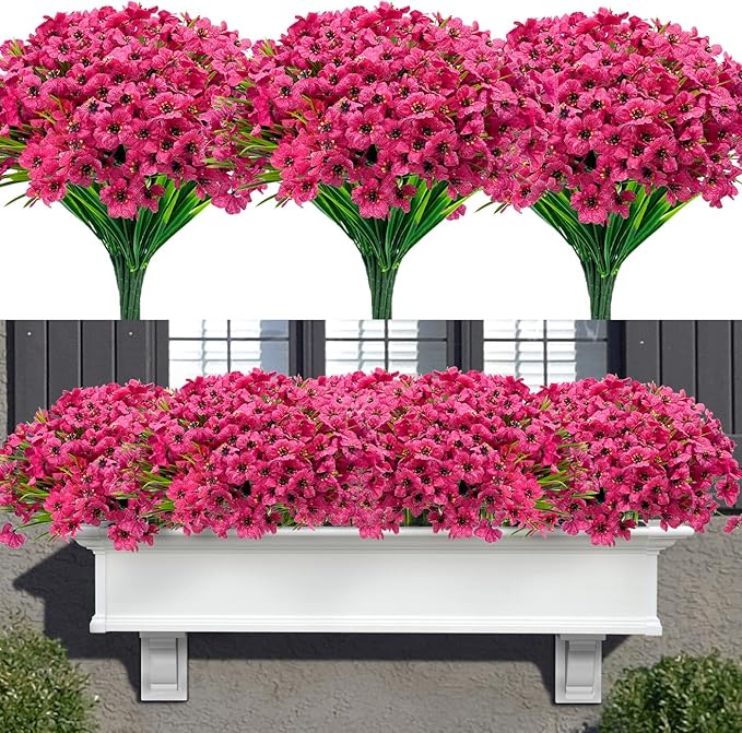 20 Bundles Artificial Flowers for Outdoors, UV Resistant Fake Flowers with Plastic Plants , Faux Silk Flowers for Planter outdoors, fake realistic flowers for Window Box Front Porch Patio Decor-Rosy