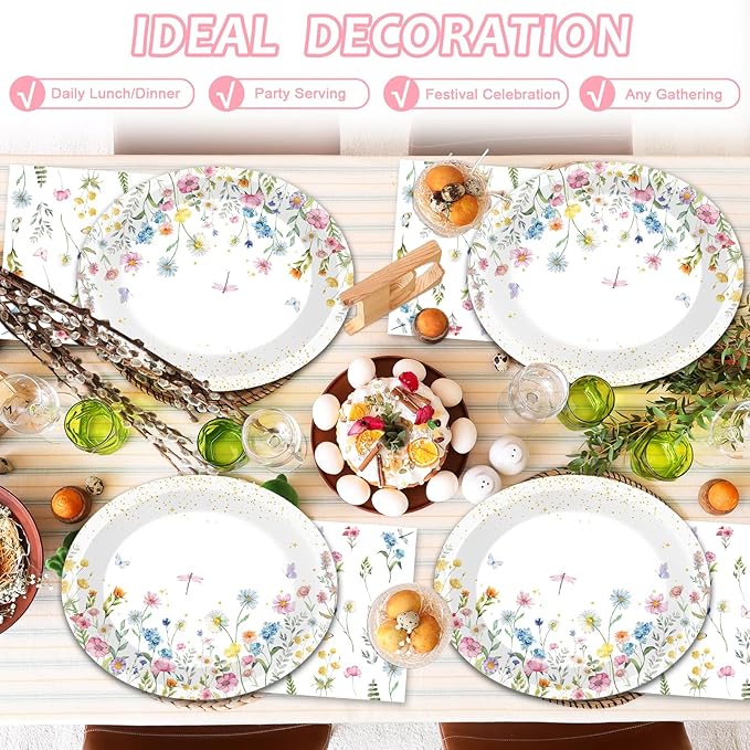 Wildflower Oval Plates and Napkins Floral Paper Platters Disposable Flower Party Tableware Decor Heavy Duty Dish Tray for Holiday Picnic Wedding Bridal Baby Shower Party Celebration,25 Guest