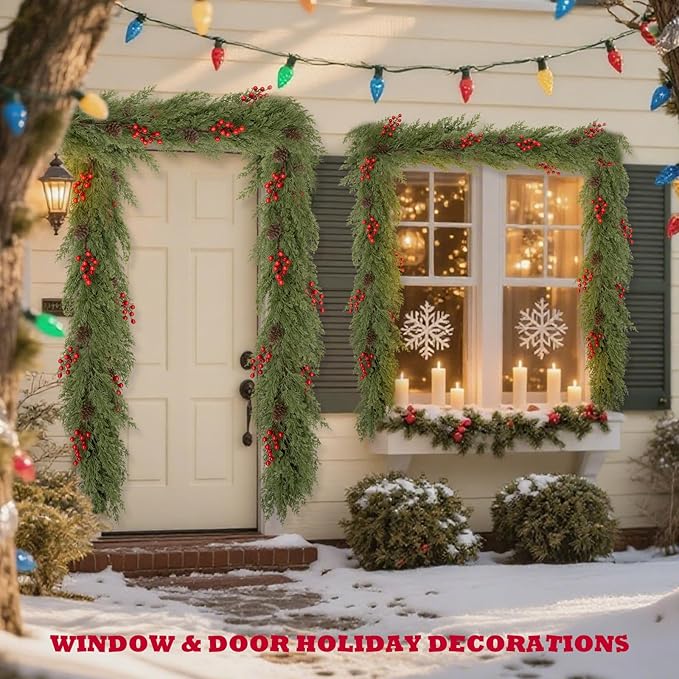 6FT Christmas Garland with Pinecones Red Berries, Artificial Faux Pine Garland, Soft Bendable Cedar Garland for Table Mantel Wall Stairs Railing Indoor, Outdoor Xmas Decorations, Winter Holiday Decor