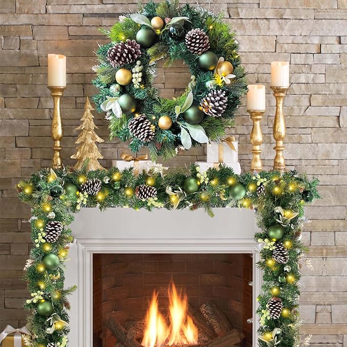 WANNA-CUL Pre-Lit 6 ft/ 72 Inch Christmas Garland with Lights Decoration for Mantle with Green Gold Christmas Ball Ornaments,Battery Operated 30 LED Lights