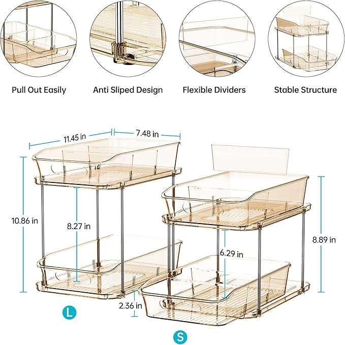 Delamu 2 Sets of 2-Tier Clear Under Sink Organizers and Storage, Multi-Purpose Stackable Bathroom Cabinet Organizers, Amber