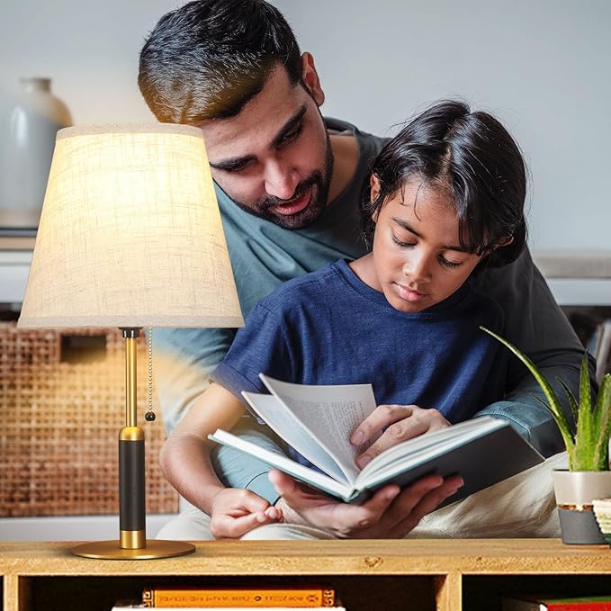 18.9" Bedside Lamps Set of 2 Small Vintage Table Lamp for Bedroom Nightstand Lamp for Living Room 3-Color Temperatures Pull Chain Wood Fabric for Home Office Dorm Decor (Light Brown+Brass)