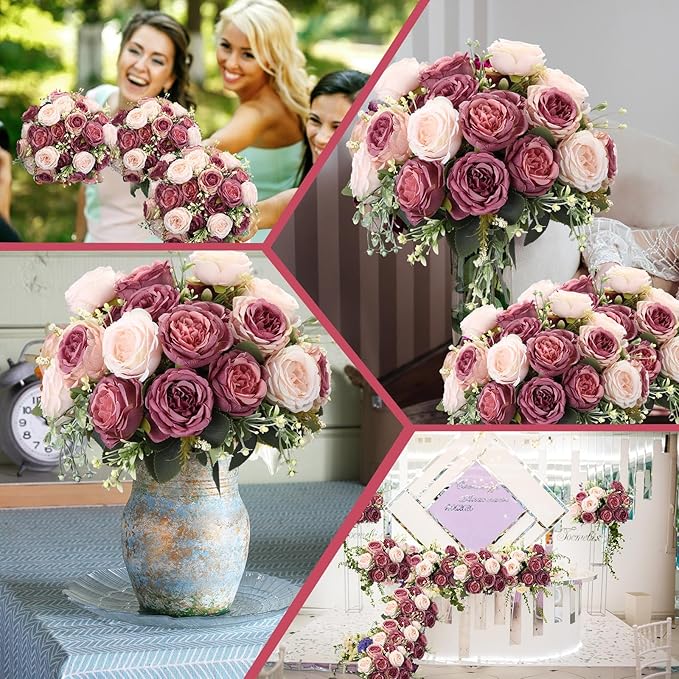 Geosar 8 Bundles Artificial Peonies Flowers Fake Silk Peony Bouquet Faux Peonies Flowers Bulk for Decoration Vase Florals Arrangements Wedding Party Table (Dusty Pink,Dusty Rose)