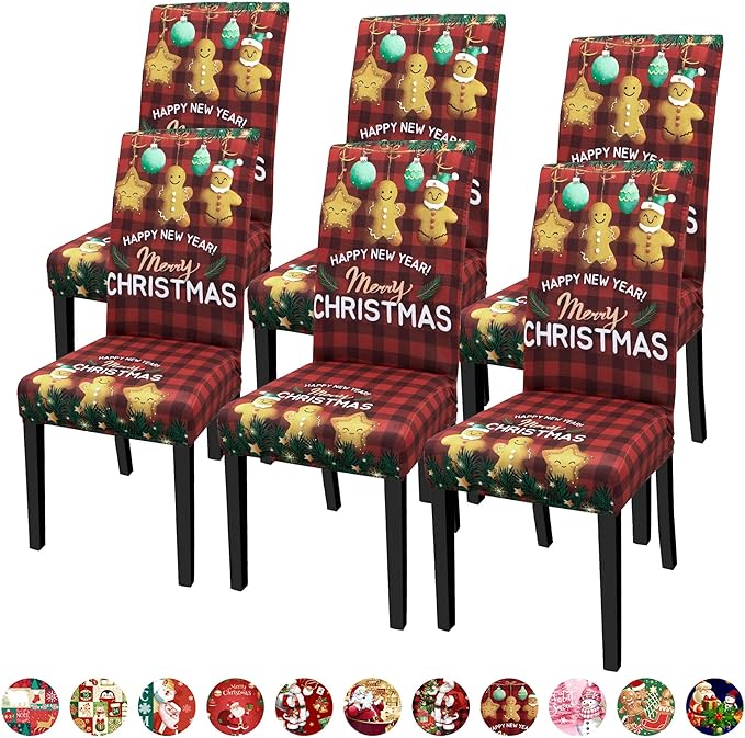 Christmas Chair Covers for Dining Chairs, Dining Room Chair Covers Set of 6, Stretch Parsons Chair Slipcovers, Removable Washable Dining Chair Cover for Home Hotel Banquet Holiday Decoration