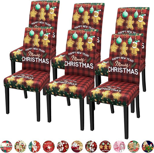 Christmas Chair Covers for Dining Chairs, Dining Room Chair Covers Set of 6, Stretch Parsons Chair Slipcovers, Removable Washable Dining Chair Cover for Home Hotel Banquet Holiday Decoration