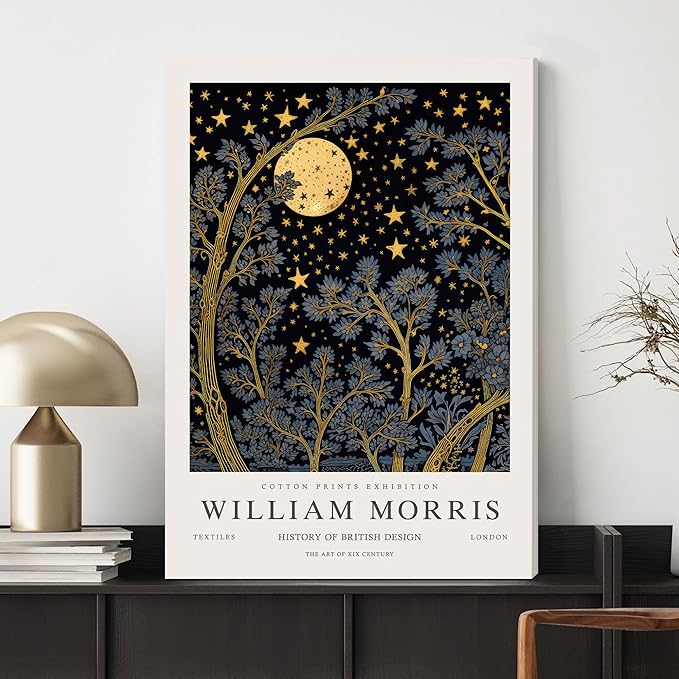 WRFON William Morris Canvas Wall Art, Vintage Gold Moon Wall Decor, Dreamlike Stars Poster Prints, Retro Botanical Aesthetic Pictures for Bedroom Living Room Office Framed Ready to Hang 16"x24"x3