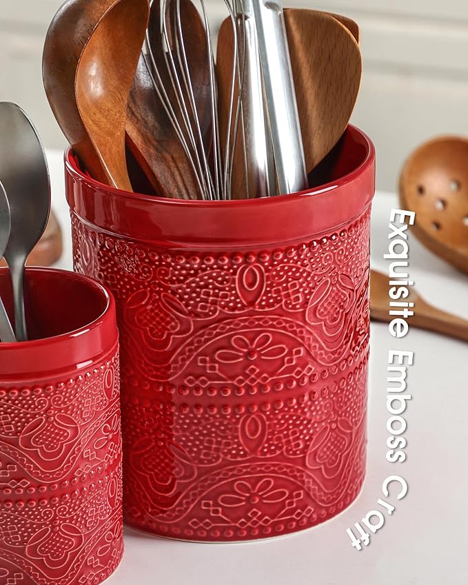 FUN ELEMENTS Kitchen Utensil Holder, 7.2+5.5" Super Large Utensil Crock Heavy and Stable Lace Emboss Ceramic Utensil Holder for Kitchen Counter (2Pcs Christmas Red)