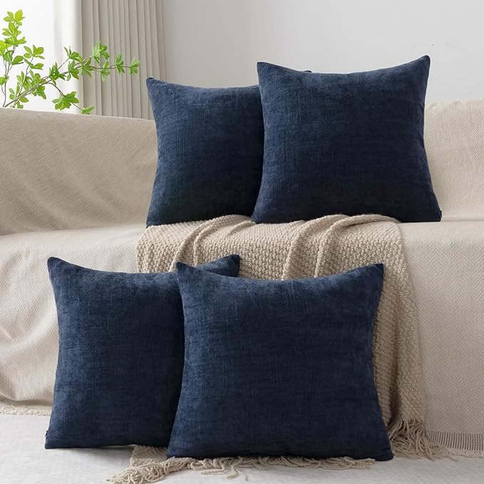 Set of 4 Soft Textured Decorative Throw Pillow Covers 22x22 Inch Cozy Farmhouse Cushion Cover Square Accent Pillow Cases for Bed Couch Sofa Living Room, Navy Blue