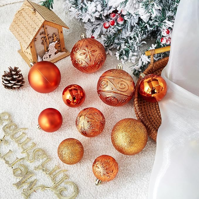 Wironlst Christmas Ball Ornaments - 30pcs Shatterproof Plastic Christmas Ornaments Hanging Ball Decorations for Xmas Tree, Holiday, Wedding, Party (Multi-Size, Orange)