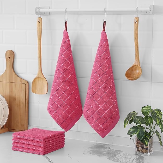 Homaxy 100% Cotton Terry Kitchen Dish Cloths, Ultra Soft and Absorbent Dish Towels for Kitchen, Suitable for Drying and Washing Dishes, 6 Pack, 12 x 12 Inches, Rose Red