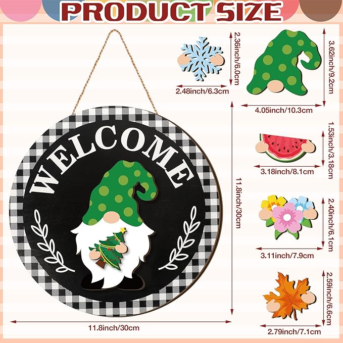 Qunclay Interchangeable Wooden Gnome Decor Holiday Seasonal Gnome Decorations with Magnet Pieces and Detachable Hats Changeable Welcome Sign for Home(Stylish)