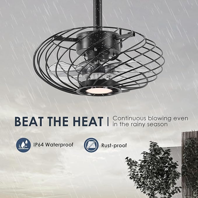 15" Outdoor Ceiling Fan with Light, Waterproof Gazebo Fan Remote Control, Dimmable LED Light, Hanging Black Caged Ceiling Fixtures with Plug in Cord for Patios Pergola