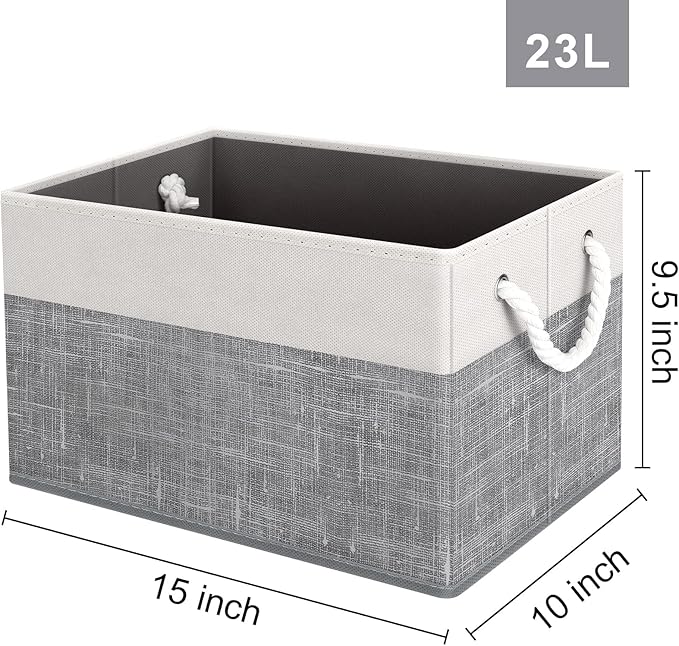Fab totes Storage Bins [3-Pack], Foldable Storage Baskets for Organizing Toys, Books, Shelves, Closet, Large Storage Box with Rope Handles, Sturdy Organizer Bins, White & Grey