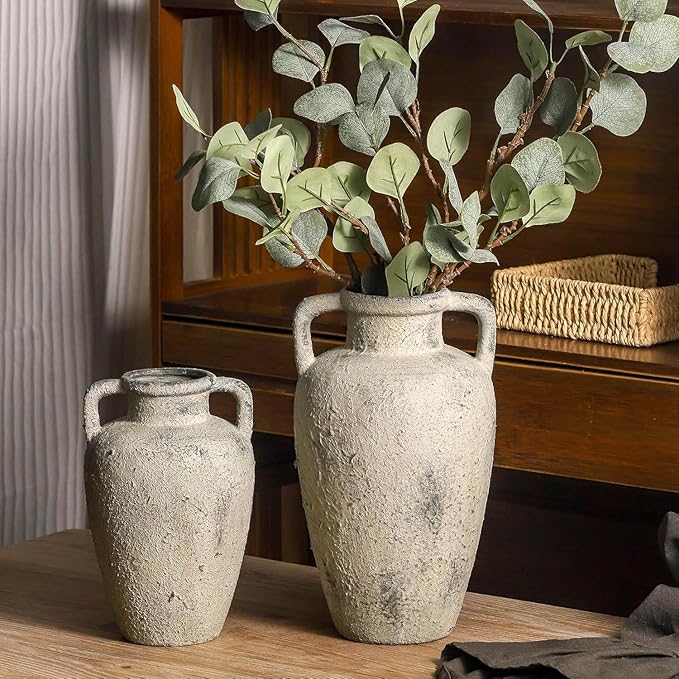 Large Ceramic Rustic Vase, 11.41 inch Tall Terracotta Flower Vase with 2 Handles, Decorative Vases for Home Decor, Dining Table, Living Room, Kitchen, Office