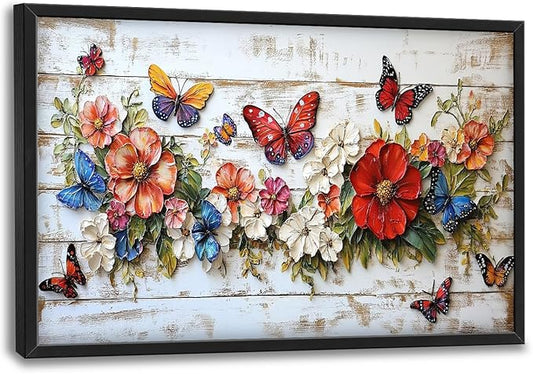 Olivine Flower Large Wall Art, Butterfly Pictures Wall Decor, Boho Painting, Rustic Wood Grain Canvas Prints, Framed Artwork for Dining Room Living Room Bedroom Bathroom Office Home Decor 36"x24"