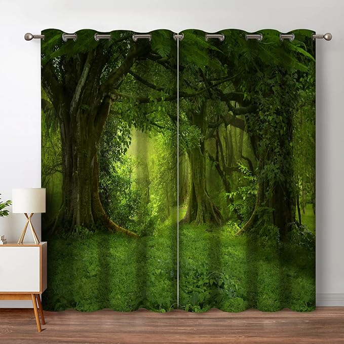 Jekeno Forest Blackout Curtains Tropical Jungle Green Trees Foliage in The Woodland Himalayas Landscape Nature Decor for Bedroom Living Room Grommet Window Drapes 2 Panel Set, 42"x54"