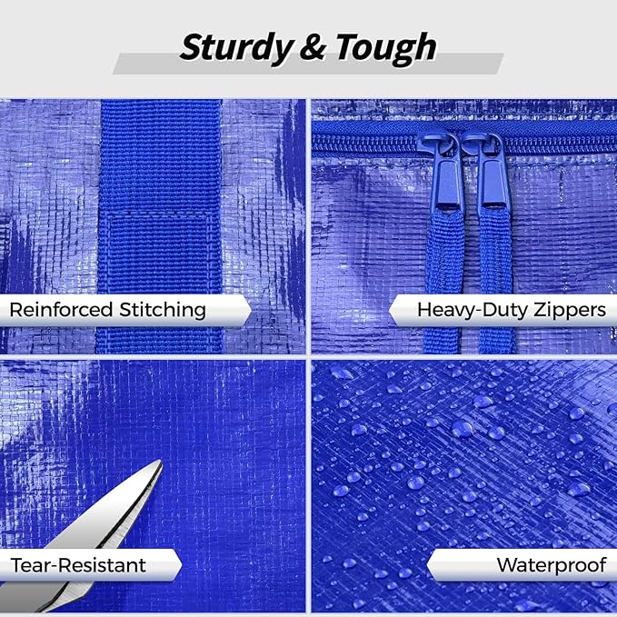 16 Pack Extra Large Heavy Duty Moving Bags, Blue Storage Bins with Lids, Reinforced Handles & Heavy-Duty Zippers Moving Boxes Storage Bags Totes for Clothes Packing, Dorms, College Supplies, Blue