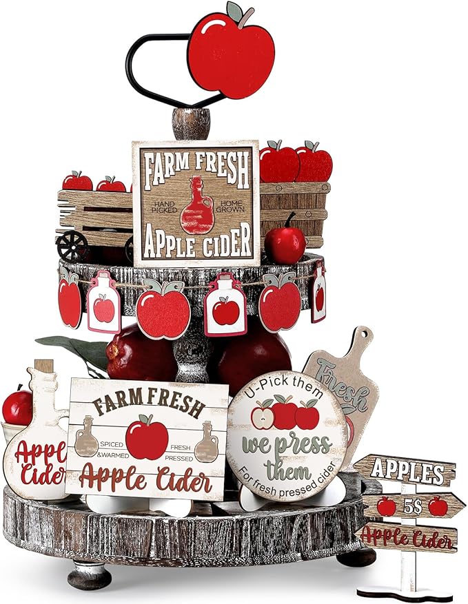 19 Pcs Vintage Fall Tiered Tray Decor Autumn Farmhouse Home Decorations Set Fall Wood Tray Decor Autumn Thanksgiving Day Decorative Sign for Tabletop Kitchen Office Decorations