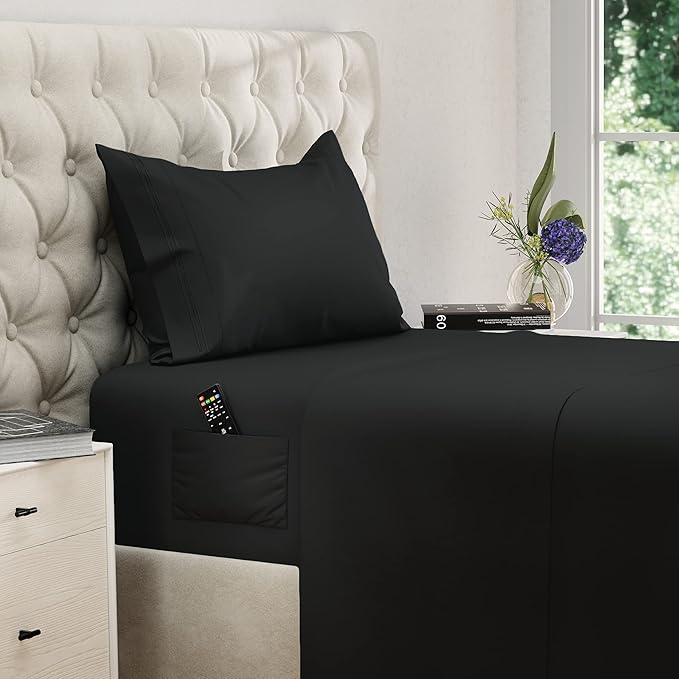 DREAMCARE Twin XL Sheet Sets – 3pcs Cooling Sheets – up to 21” Extra Deep Pocket Twin XL Sheets Set – Hotel Luxury Sheets & Pillowcases – Superior Softness 100% Fine Microfiber with Side Pocket –Black