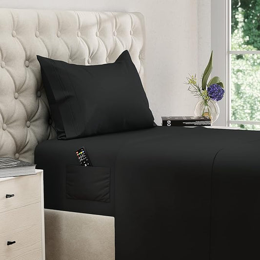 DREAMCARE Twin Sheets - 3pcs Cooling Sheets – up to 21” Extra Deep Pocket Twin Bed Sheets - Twin Sheet Set - Bed Sheets - Soft & Long Lasting 100% Fine Brushed Polyester with Side Pocket - Black