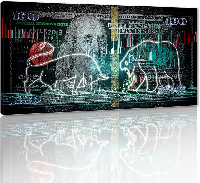 Yatsen Bridge Large Size Stock Market Bull VS Bear Artwork Paintings Motivational 100 Dollar Money Benjamin Franklin Canvas Wall Art Wooden Framed Ready to Hang - 32x16 inches