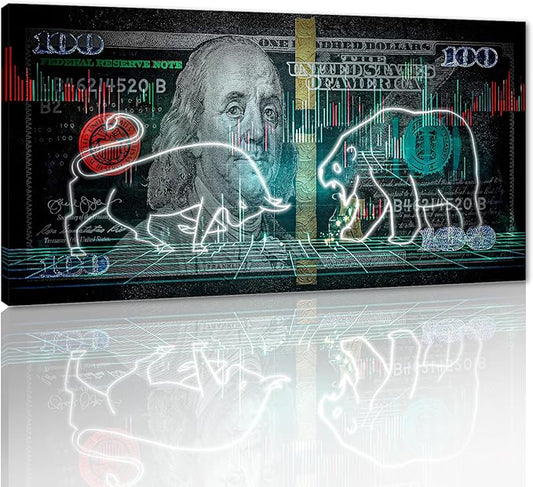 Yatsen Bridge Large Size Stock Market Bull VS Bear Artwork Paintings Motivational 100 Dollar Money Benjamin Franklin Canvas Wall Art Wooden Framed Ready to Hang - 32x16 inches