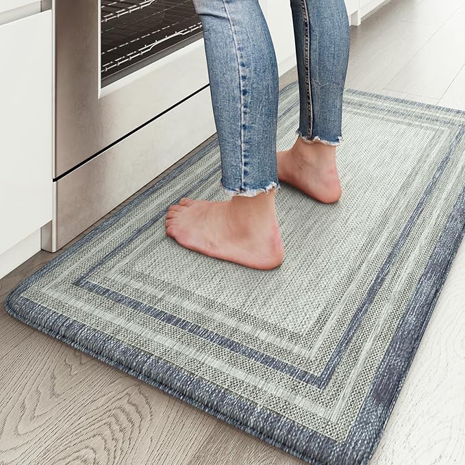 KIMODE Anti Fatigue Kitchen Mats, 17.3" x 29" Farmhouse Kitchen Rugs, Cushioned, Non-Slip Waterproof Comfort Thick Kitchen Floor Standing Mat for Corner Sink, Laundry Floor, Blue and Gray