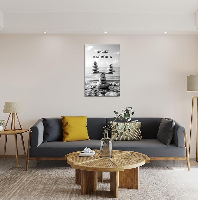 YIOZHAOFH Mindset Wall Art for Zen Office Inspirational Pictures Wall Decor Motivational Quotes Canvas Art Black and White Landscape Nature Print Poster Painting Framed for Meditation Spa Room Bedroom (28L x 44W)