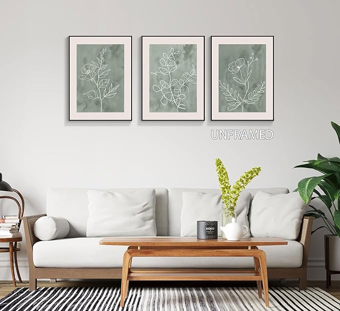 3Pcs Sage Green Botanical Wall Art Line Drawing Floral Canvas Poster Prints Modern Abstract Minimalist Picture Neutral Boho Artwork Simple Painting Wall Decor for Living Room Bedroom 12x16in Unframed