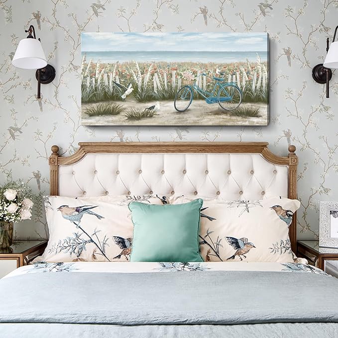 Canvas Wall Art for Living Room Boho Beach Coastal Floral Print Seaside Blue Bicycle with Pink Flowers Seagull Seascape Painting Seashore Wildflower Landscape Vintage Farmhouse Decor Artwork 48x24inch