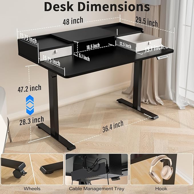 Kingant 48 x 30 Inch Standing Desk with Drawers, Adjustable Height Electric Sit Stand Desk with Storage Shelf, Rising Stand Up Computer Desk for Home Office Workstation, 3 Preset Heights