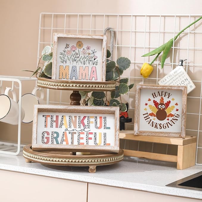 Embossed Thankful and Grateful Sign, Thanksgiving Decorations for Table Cubicle Desk Mantel Fireplace, Vintage Thanksgiving Home Decor Leopard Print Wooden Sign