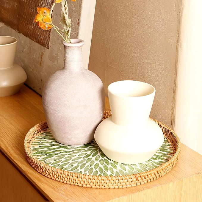 Round Rattan Tray with Mother of Pearl Inlay & Wooden Base - Decorative Wicker Serving Tray for Coffee/Bread/Fruits, Food Storage & Display - Multipurpose Home Decor (L,Green Leaves)