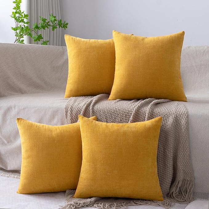 Set of 4 Soft Textured Decorative Throw Pillow Covers 18x18 Inch Cozy Farmhouse Cushion Cover Square Accent Pillow Cases for Bed Couch Sofa Living Room, Mustard Yellow