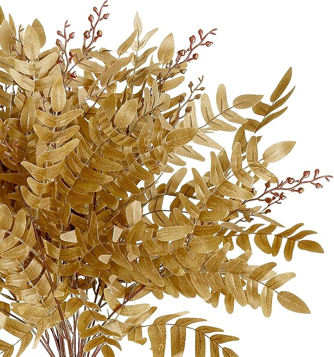 Sggvecsy 4 Pack Artificial Fall Greenery Stem Autumn Faux Flowers Autumn Faux Plants Silk Fall Shrubs Bushes Fall Leaves Stem for Indoor Home Table Centerpieces Thanksgiving Decoration(Dark Yellow)