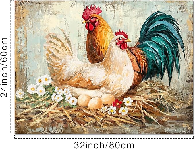 KREATIVE ARTS Farmhouse Chicken Picture Canvas Wall Art for Kitchen Dining Room Rustic Rooster with Fresh Eggs Framed 24x32 Inch Hen and Hatching Chicks Painting Ready to Hang