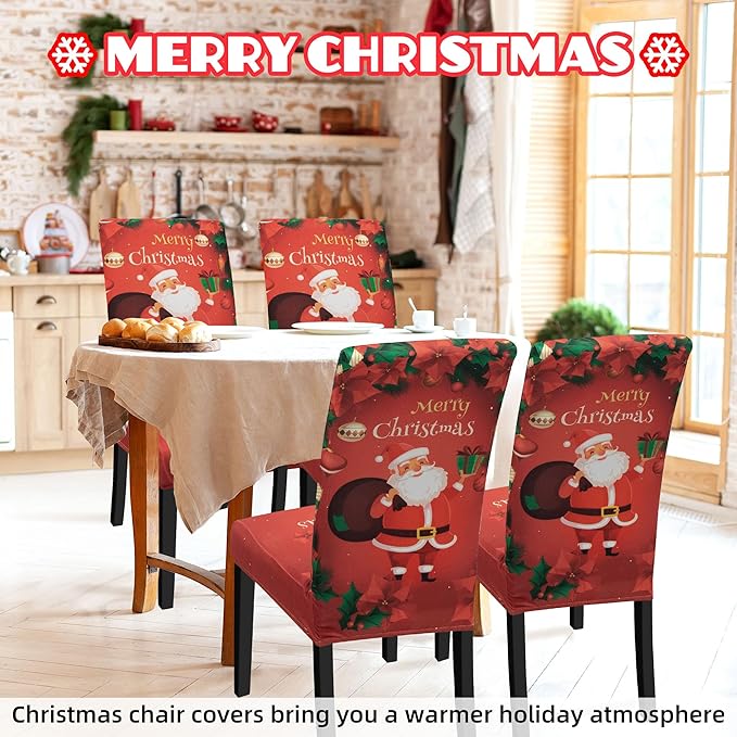 Christmas Chair Covers for Dining Chairs, Dining Room Chair Covers Set of 4, Stretch Parsons Chair Slipcovers, Removable Washable kitchen Chair Cover for Home Hotel Banquet Holiday Decoration
