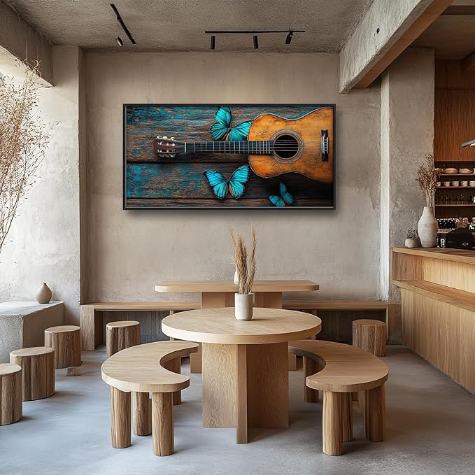 Olivine Music Wall Art, Guitar Pictures Wall Decor, Butterfly Painting, Vintage Musical Instruments Canvas Prints, Framed Artwork for Bathroom Bedroom Living Room Office Home Decoration 60"x30"