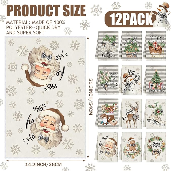 12 Pcs Christmas Kitchen Towels and Dishcloths Absorbent Christmas Tree Reindeer Truck Hand Dish Towels Decoration for Xmas Home Gift Supplies, 14.2 x 21.3 Inch(Stripe Style)