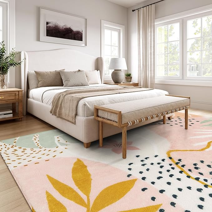 Lahome Pink 10x14 Area Rugs, Washable Ultra-Thin Large Rug for Living Room, Non Slip Throw Rug for Dining Room, Soft Botanical Print Indoor Rug for Bedroom Office Guest Room (Pink, 10'x14')