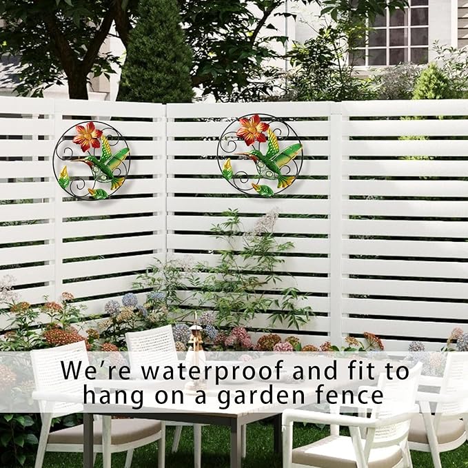 Jusimux 2 Pack the lovely Round metal/Glass Hummingbird and Flower wall Art Decor, 9.5 Inch Fence Decorations Outdoor Hanging Decor for Patio Bedroom Living Room Garden Yard